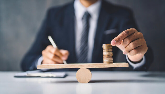 businessperson stands blurred in the background while focusing on balancing stacked coins on a seesaw, symbolizing financial stability, balance, and economic decision-making in business