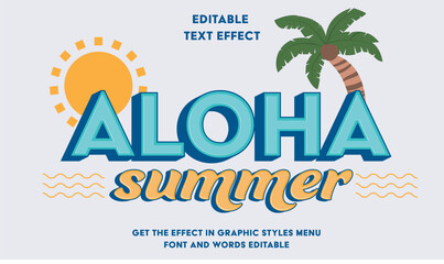 Editable text effect Summer, sun, palm tree, beach waves