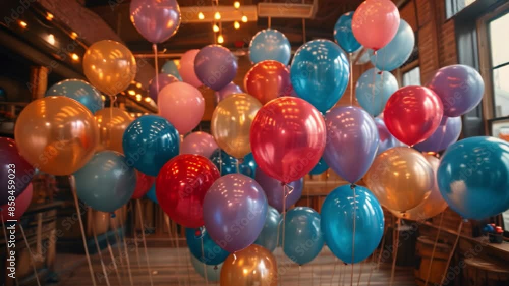 Poster colorful balloons in a room create a festive atmosphere. various sizes and shapes add to the appeal.