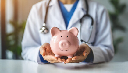 woman doctor holding a piggy bank, symbolizing financial support and donations to healthcare and medical facilities