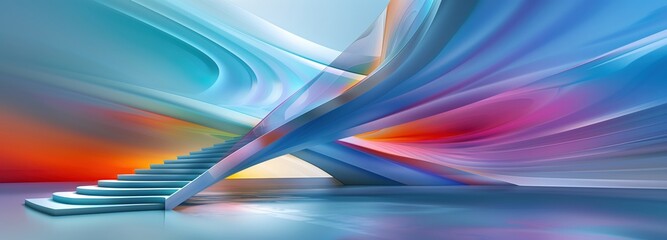 Futuristic abstract interior with a curved staircase and vibrant, flowing colors. Concept for modern design and innovation.