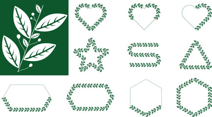 Set of Wreath floral frames in different Geometric Shapes, Monograms and borders.Vintage hand drawn wreath. Design element for wedding invitations, beauty, spa, salon, luxury decor. Elegant ornament