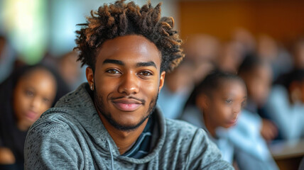 Happy Male University Student Attending Lecture