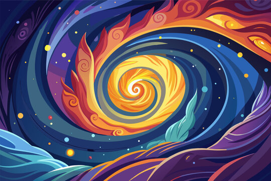 A vibrant spiral with swirling patterns and stars in various colors.