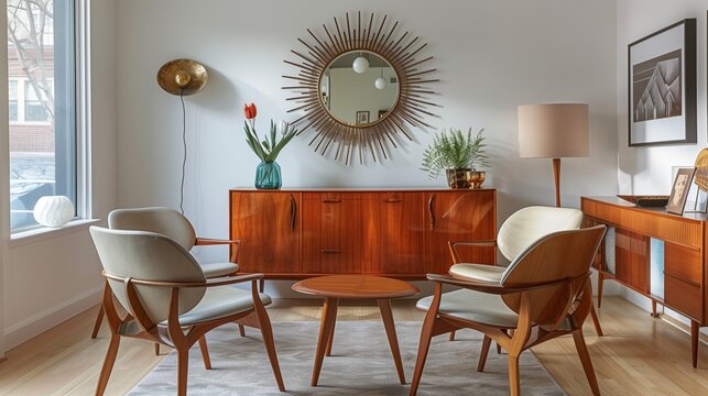 A mid-century modern living room with a sunburst mirror, a teak sideboard, and a set of tulip chairs - Powered by Adobe