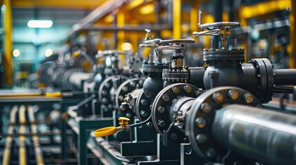 Fototapeta premium Industrial Pipeline System with Valves and Metal Fittings in a Factory Setting