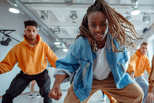 Group of Young Diverse Dancers Practicing Hip Hop Choreography in Dance Studio
