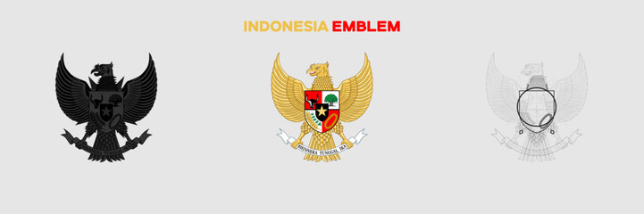 Indonesia Emblem Vector Pack. Emblem with Flag. Gray Emblem Silhouette. Gray Outline Emblem. Editable EPS file.