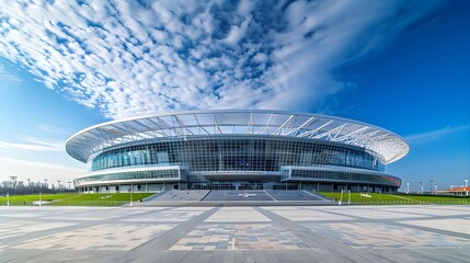 Modern football stadium with views from the outside. Football stadium arena for professional match with modern building