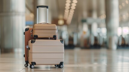Close-up of two stacked roller luggage bags in an airport terminal, with a blurred background. Travel and journey concept.