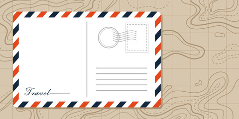 postcard white paper with red and blue on vintage topographic texture background. concept of travelling illustration. air mail or envelope 