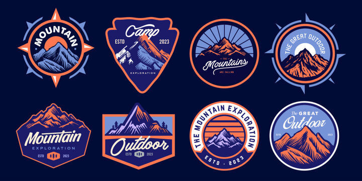 mountain adventure hipster logos. Set of Vintage Outdoor mountains Summer Camp badges or Patches. vector emblem designs. Great for shirts, stamps, stickers logos and labels.