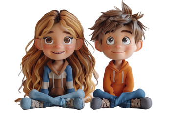 Cute animated boy and girl characters sitting cross-legged with big smiles, dressed in casual outfits with vibrant colors, set against a plain background.