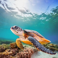 Obraz premium Majestätische Schildkröte: Schwimmend durch das blaue Meer