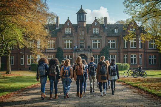Students walking towards a historic brick school building on a sunny day, representing education and academic life.