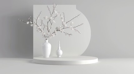 White pedestal with blooming cherry branch and vase