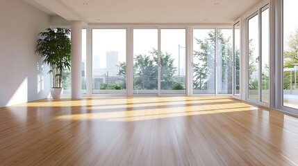minimalist studio apartment with flooring made from sustainable bamboo and large, energy-efficient windows that provide natural lighting
