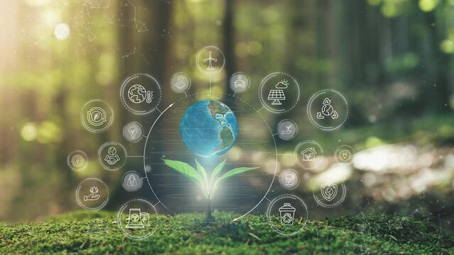 Ecological Green Energy Icons Concept 3D Earth Spinning on Young plant springing up out of the moss soil
