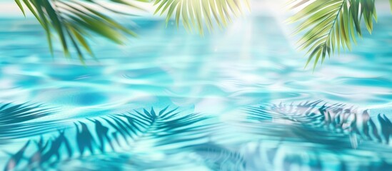Beautiful blurred background of light blue water with the shadow from palm leaves in a swimming pool, banner with copy space area in the style of swimming pool Generative AI