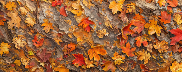 Cozy autumn background with warm hues of orange, red, and yellow, featuring fallen leaves and textured tree bark. The seasonal scene evokes the comfort and beauty of fall, perfect for seasonal designs