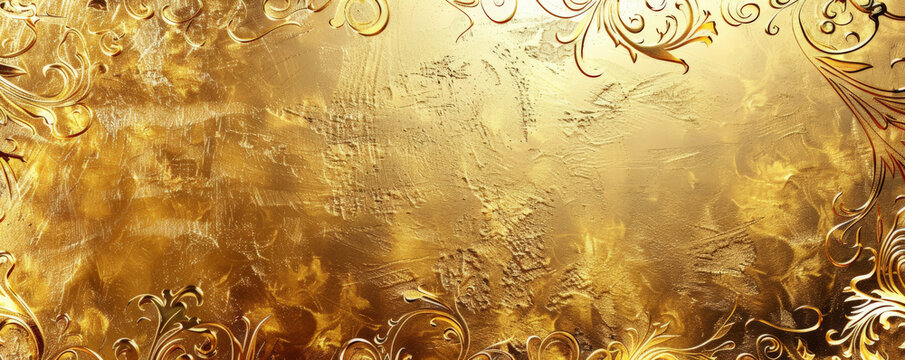 Elegant gold foil background with shimmering texture and intricate patterns. The luxurious, sophisticated look adds a touch of opulence and glamour, perfect for high-end or celebratory themes