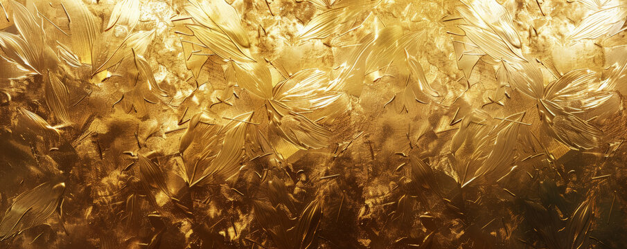 Elegant gold leaf background with shimmering texture and intricate patterns. The luxurious, sophisticated look adds a touch of opulence and glamour, perfect for high-end or celebratory themes