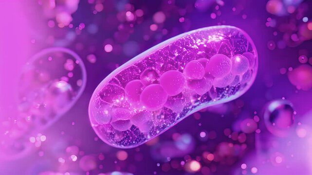 Dynamic visualization of ATP production in a mitochondrion showing the movement of protons and the synthesis of ATP.