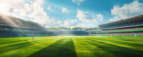 A bustling cricket pitch background with freshly cut grass, white boundary lines, and the textures of wickets, bats, and cheering fans.