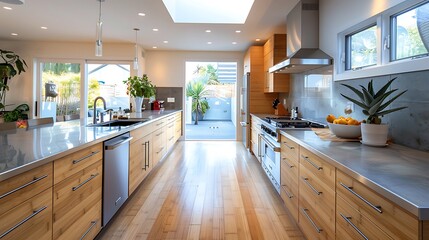 modern kitchen with countertops crafted from recycled aluminum and eco-friendly bamboo flooring
