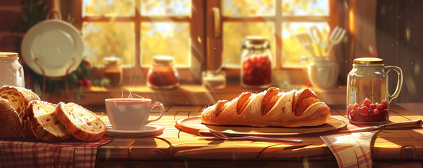 A cozy breakfast table with assorted bread, a cup of coffee, and jam jars. Warm, inviting colors dominate the scene, creating a comforting feel.