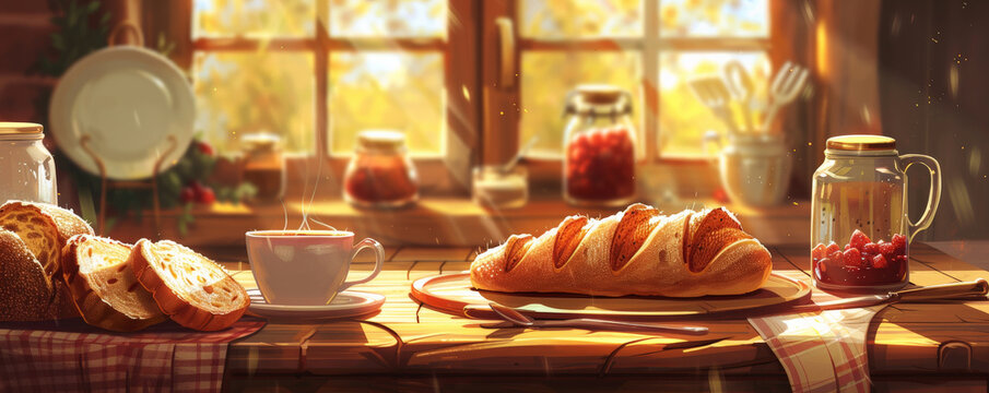 A cozy breakfast table with assorted bread, a cup of coffee, and jam jars. Warm, inviting colors dominate the scene, creating a comforting feel.