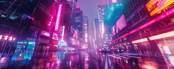 A futuristic cyberpunk cityscape background with neon lights, towering skyscrapers, and the textures of rain-soaked streets and holographic advertisements, creating a dystopian and high-tech