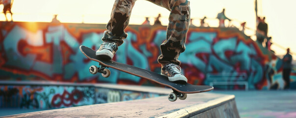 A lively skate park background with concrete ramps, colorful graffiti, and the textures of skateboards and energetic skaters performing tricks.