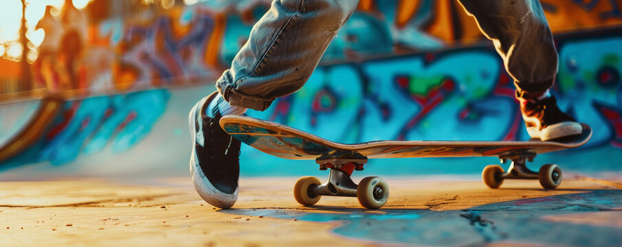A lively skate park background with concrete ramps, colorful graffiti, and the textures of skateboards and energetic skaters performing tricks.