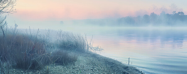 A peaceful lakeside at dawn background with mist rising from the water, pastel colors of the morning sky, and the textures of dew-kissed grass and pebbled shores, creating a refreshing atmosphere.