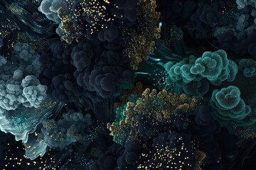 Obraz premium Abstract Background, a 3D abstract background with intricate particle clouds in deep navy, black, and rich emerald