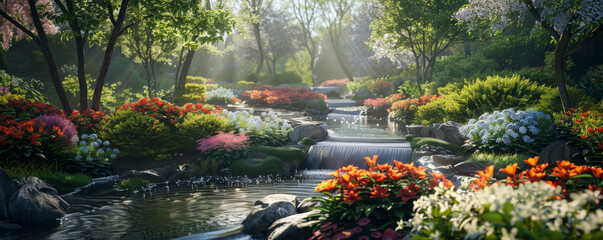 A serene botanical garden in spring background with diverse flora, gentle streams, and the textures of vibrant flowers and tranquil pathways, creating a peaceful and picturesque natural retreat.