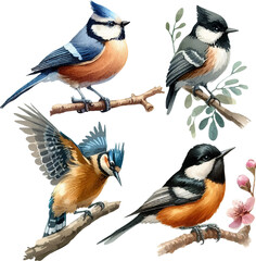 set with various, colorful birds in watercolor style in vector