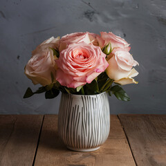 Ceramic vase with flowers on a wooden table, on a blue-black background.
