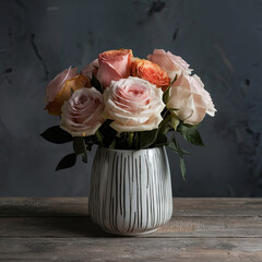 Ceramic vase with flowers on a wooden table, on a blue-black background.