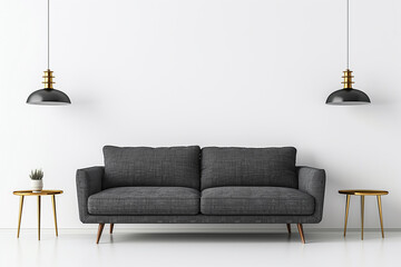 Modern furniture set with a charcoal grey sofa, brass side tables, and pendant lights, isolated on solid white background