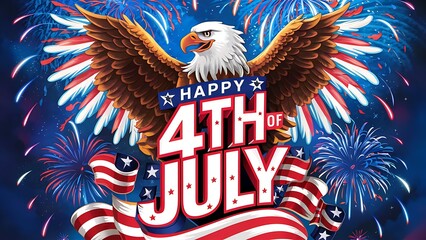 Happy 4th of July Celebration with Eagle, Fireworks, and American Flags. Generative AI.