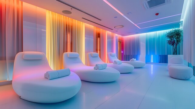 modern spa with rooms that feature ceiling-installed chromotherapy units