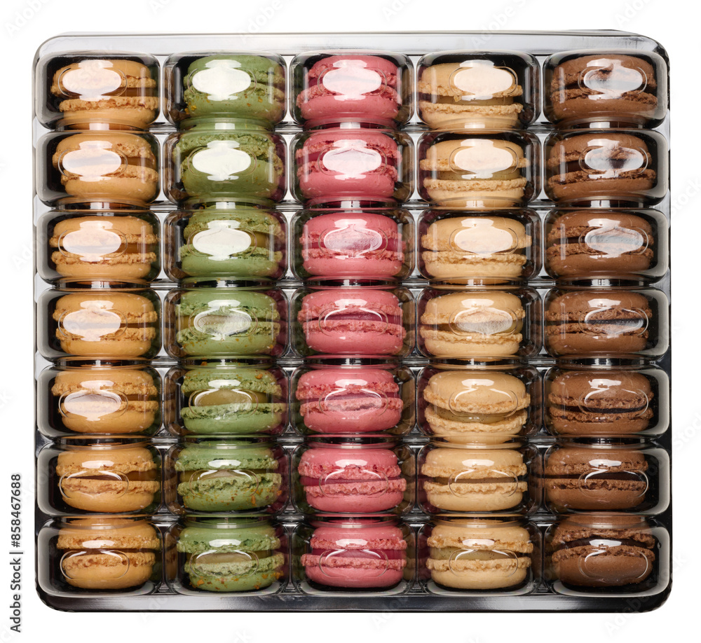 Poster assortment of macarons in a square plastic box with a transparent lid on an isolated background