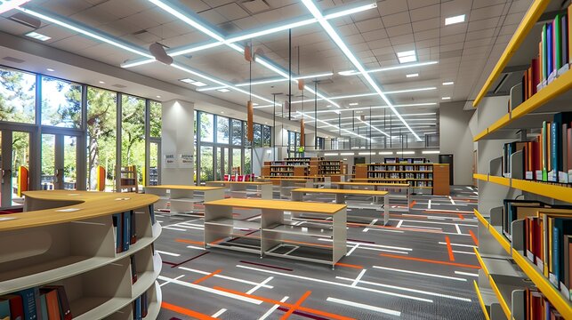public library with dedicated reading areas that feature overhead lights with adjustable brightness and color temperature to suit individual reader preferences