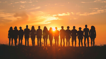Fototapeta premium Group of People Standing Together at Sunset Silhouette