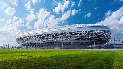 Fototapeta premium Modern football stadium with views from the outside. Football stadium arena for professional match with modern building