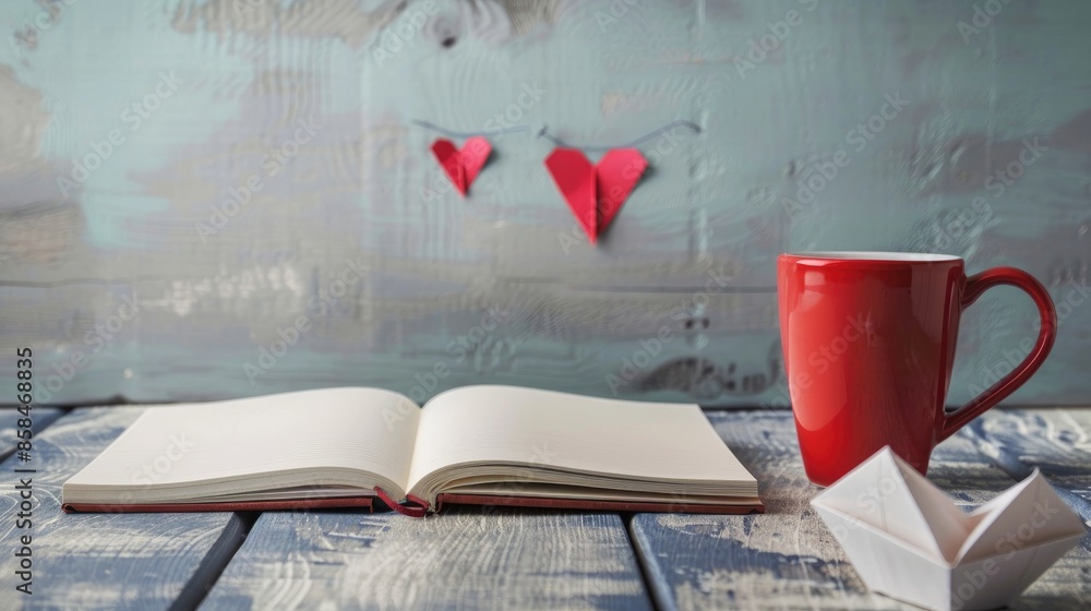 Poster notebook with empty pages in front of a heart mug and paper boat