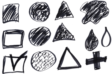 Various figures drawn by hand with a black felt-tip pen on an isolated background