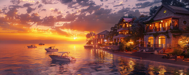 A serene coastal village at twilight background with calm waters, charming houses, and the textures of warm lights and tranquil ambiance, creating a peaceful and picturesque coastal retreat.